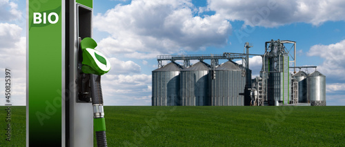 Biofuel filling station on the background of silos. Bio fuel concept