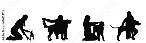 Owner woman shows champion purebred dog on stage with competition vector silhouette. Pet friendly. Pincher or Manchester terrier, Labrador retriever, American Staffordshire terrier show exhibition.