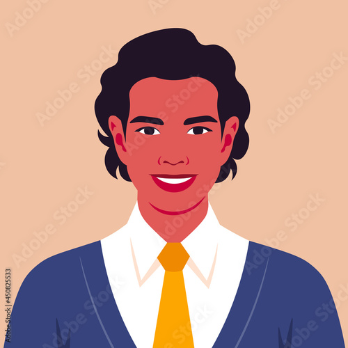 Portrait of a happy Hispanic man. Avatar of a successful businessman. A politician. Vector flat illustration