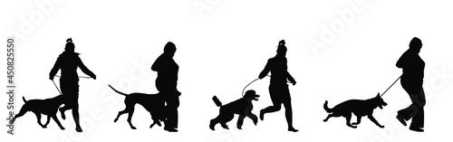 Owner woman keeps dog on the leash by running, champion dog vector silhouette, show exhibition. Pet friendly. German Shepard, French Poodle, Dalmatian, American Staffordshire terrier. Stafford bull.