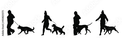 Owner woman keeps dog on the leash by running, champion dog vector silhouette, show exhibition. Pet friendly. German Shepard, French Poodle, Dalmatian, American Staffordshire terrier. Stafford bull.