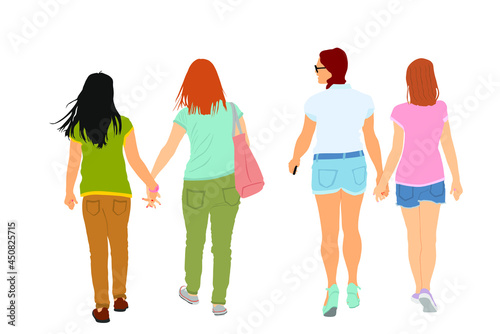 Homosexual girls walking and hand holding vector illustration isolated. Gay couple tenderness outdoor. Hand to hand closeness, lady love female. Lesbian couple handsome woman love girl. Pride rights