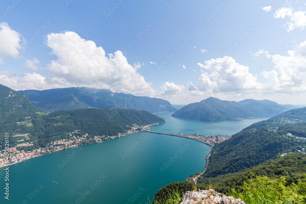 Fototapeta premium Lago di Lugano with melide and swiss miniature, view from Monte San Salvatore