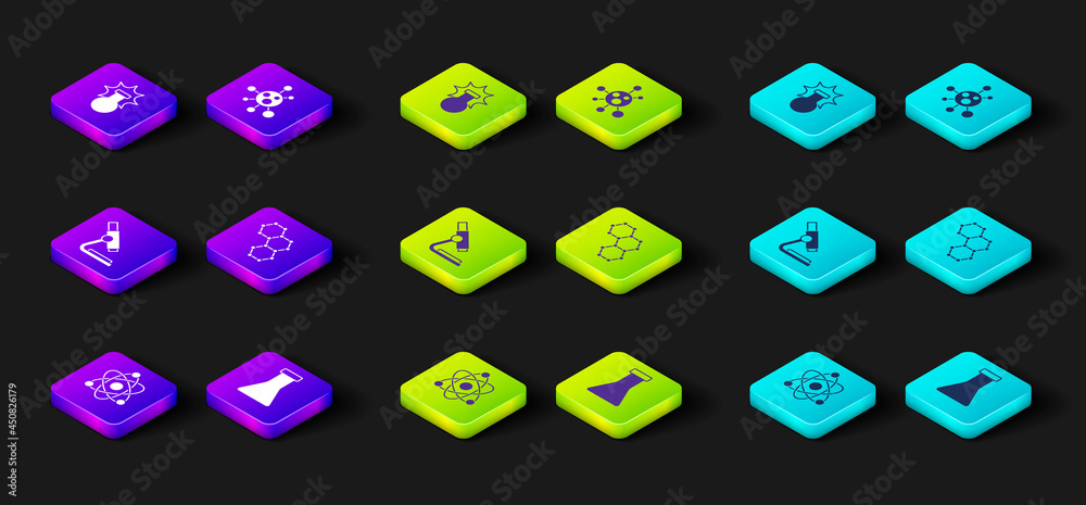 Set Atom, Test tube and flask, Microscope, Chemical formula, Molecule and explosion icon. Vector Set Atom, Test tube and flask, Microscope, Chemical formula, Molecule and explosion icon. Vector