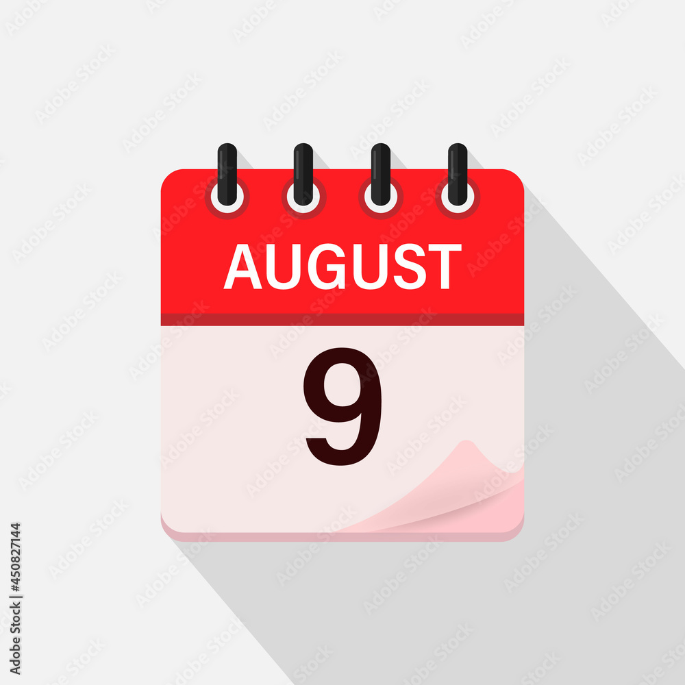 August 9, Calendar icon with shadow. Day, month. Flat vector illustration. August 9, Calendar icon with shadow. Day, month. Flat vector illustration.