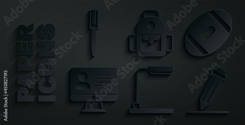 Set Table lamp, American Football ball, Online class, Pencil with eraser, School backpack and icon. Vector