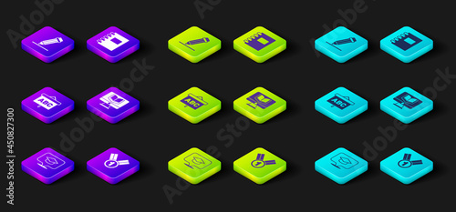 Set Graduation cap in speech bubble, Medal, Chalkboard, Online class, Spiral notebook and Pencil with eraser icon. Vector
