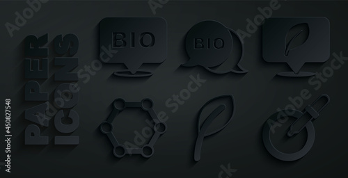 Set Leaf or leaves, Location with leaf, Molecule, Petri dish pipette, Bio healthy food and icon. Vector