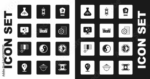 Set Chinese paper lantern, Great wall of China, flag, Dumpling, Yuan currency, Yin Yang and Firework icon. Vector