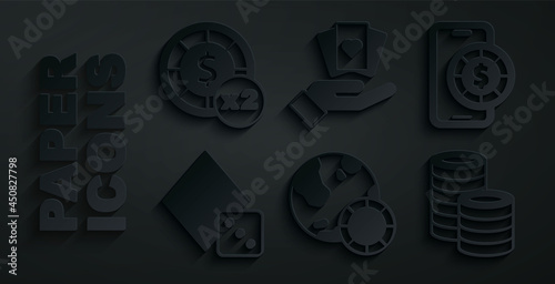 Set Casino chips, Online poker table game, Game dice, Hand holding playing cards and icon. Vector