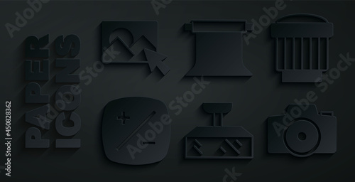 Set Softbox light, Camera photo lens, Exposure compensation, Photo camera, Empty studio and retouching icon. Vector