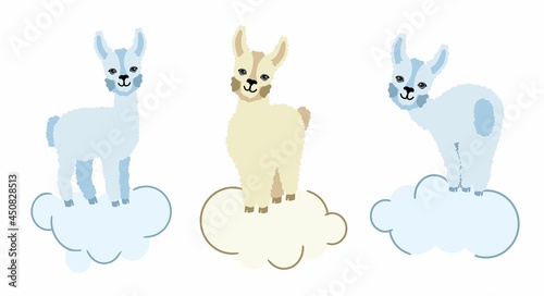 Alpaca llamas set of three on a white background with clouds. For printing on textiles, souvenirs and posters. Vector illustration.