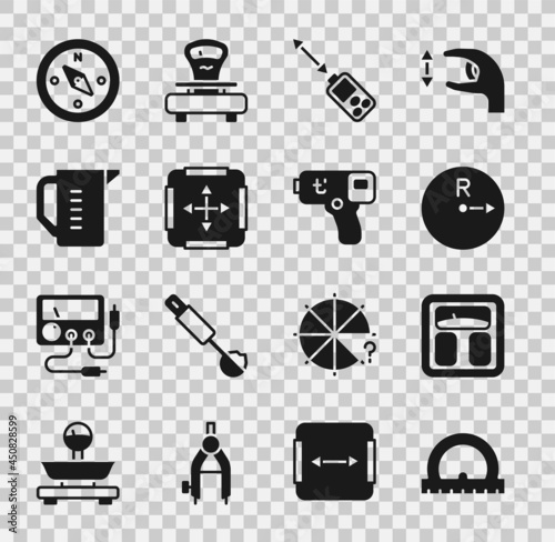Set Protractor, Bathroom scales, Radius, Laser distance measurer, Area measurement, Measuring cup, Compass and Digital thermometer icon. Vector