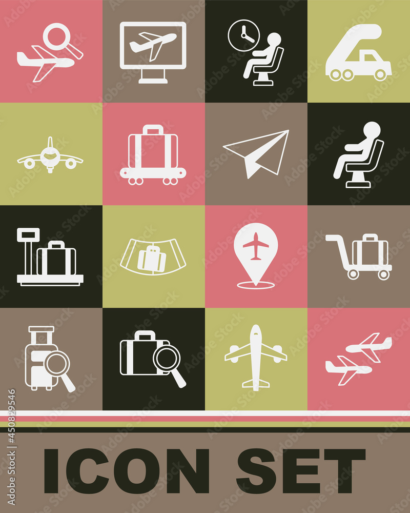 Set Plane, Trolley baggage, Human waiting in airport terminal, Conveyor belt with suitcase, Airplane search and Paper airplane icon. Vector Set Plane, Trolley baggage, Human waiting in airport terminal, Conveyor belt with suitcase, Airplane search and Paper airplane icon. Vector