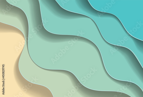 Paper cut style, 3d effect imitation, space for text, vector illustration. Abstract blue sea and beach summer background with paper waves and seacoast for banner, invitation, poster or web site