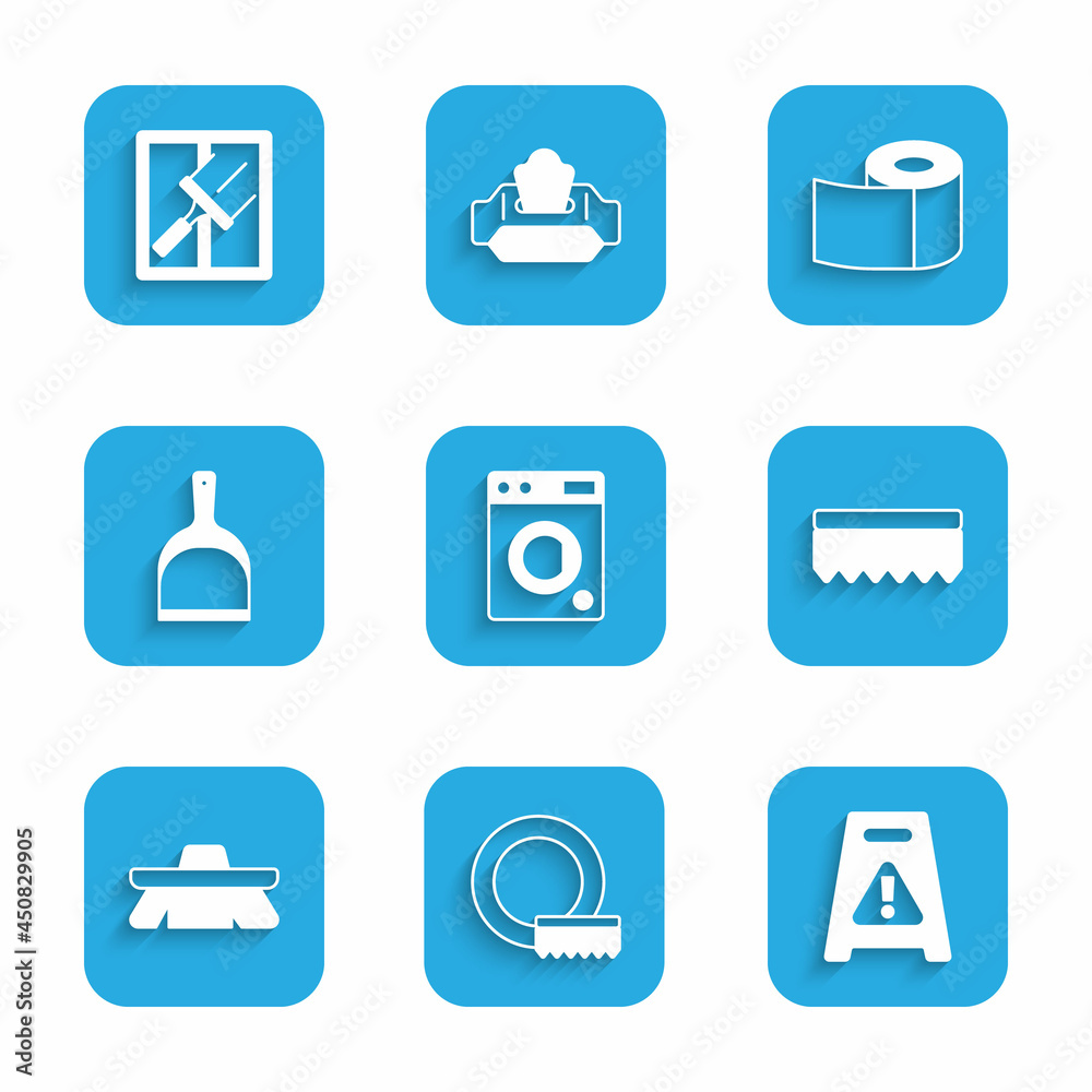 Set Washer, Washing dishes, Wet floor, Sponge, Brush for cleaning, Dustpan, Toilet paper roll and Rubber cleaner windows icon. Vector Set Washer, Washing dishes, Wet floor, Sponge, Brush for cleaning, Dustpan, Toilet paper roll and Rubber cleaner windows icon. Vector