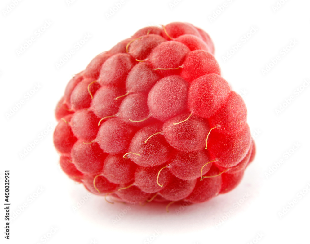 Ripe raspberry berry is isolated on a white background. Full clipping path.