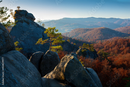 Fantastically beautiful view of the autumn beech forest and rocks in the morning light.