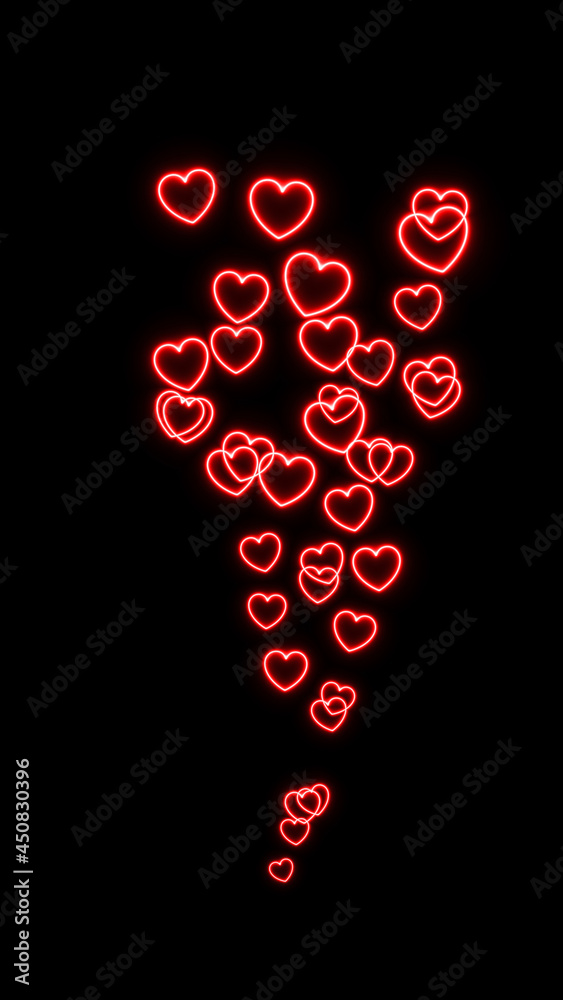A steady upward stream of neon red heart shapes. Social media or Valentines  day concept reacting to affectionate or loving post. Overlay graphic  effect, black background for screen blending. Stock Illustration |