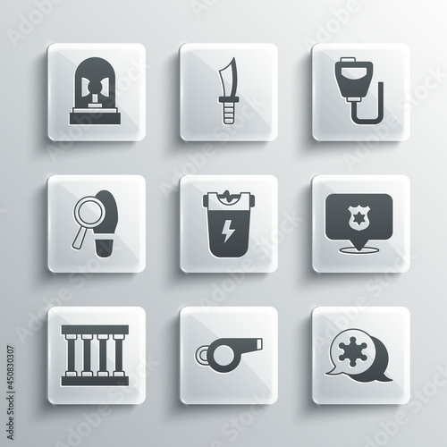 Set Whistle, Hexagram sheriff, Police badge, electric shocker, Prison window, Footsteps, Flasher siren and Walkie talkie icon. Vector
