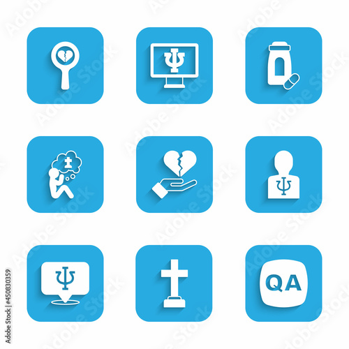 Set Broken heart or divorce, Graves funeral sorrow, Question and Answer, Psychology, Psi, Man graves, Sedative pills and icon. Vector