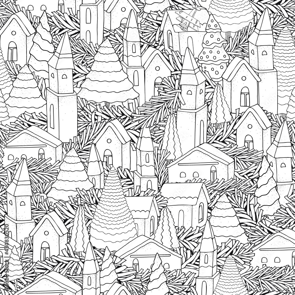 Seamless pattern with Houses and Christmas trees and spruce branches. Magic City. Street background. Pattern for coloring book.  Zentangle. Black and white pattern in vector.