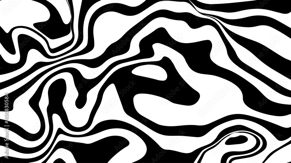 Vector graphic of Black and White abstract wavy background. Caustics distortion line art. Optical illusion motion striped 3d effect. Good for invitation cards, business brochures, textiles etc.