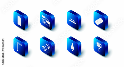 Set Cinema camera, Skateboard stairs with rail, Action, Screwdriver, Broken skateboard, Tool allen keys and Grip tape icon. Vector