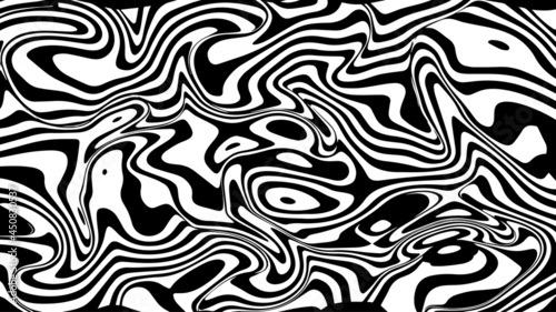  Vector graphic of Black and White abstract wavy background. Caustics distortion line art. Optical illusion motion striped 3d effect. Good for invitation cards, business brochures, textiles etc.