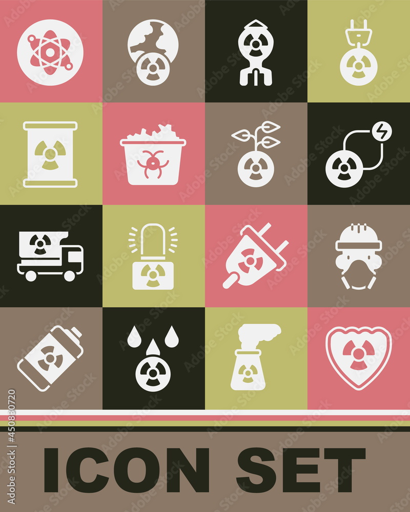 Set Radioactive in shield, Nuclear reactor worker, exchange energy, bomb, Infectious waste, barrel, Atom and icon. Vector