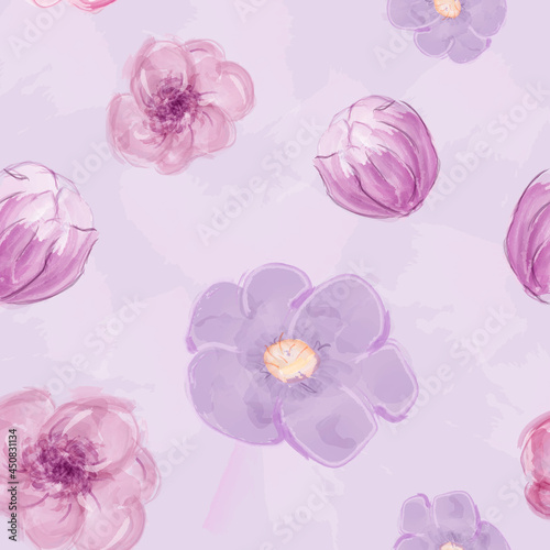 Seamless watercolor pattern with violet flower . texture for textiles  packaging  wrapping paper  social media post  bed linen  underwear  background  fabric swatches