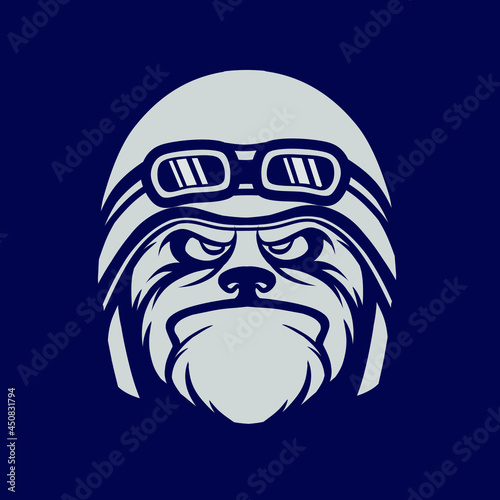 Funny funky bulldog biker pop art logo. Colorful retro dog design with dark background. Abstract vector illustration