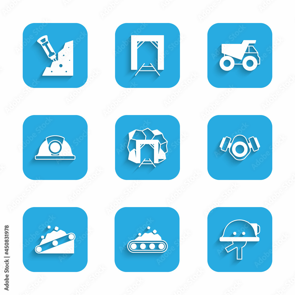 Set Mine entrance, Conveyor belt carrying coal, Miner helmet, Gas mask, Mining dump truck and Construction jackhammer icon. Vector Set Mine entrance, Conveyor belt carrying coal, Miner helmet, Gas mask, Mining dump truck and Construction jackhammer icon. Vector