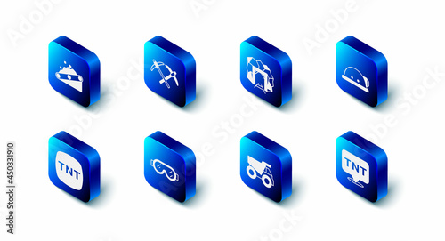 Set Pickaxe, Mine entrance, Miner helmet, Dynamite, Mining dump truck, Safety goggle glasses, and Conveyor belt carrying coal icon. Vector