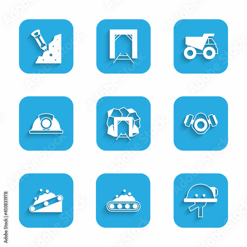 Set Mine entrance, Conveyor belt carrying coal, Miner helmet, Gas mask, Mining dump truck and Construction jackhammer icon. Vector
