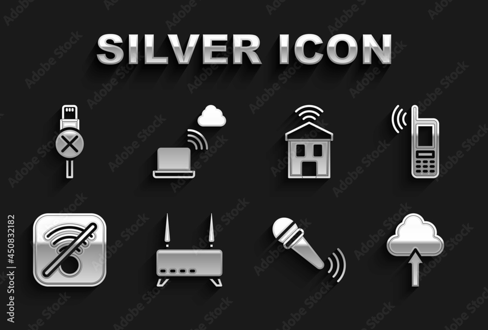Set Router and wi-fi signal, Mobile with wireless, Cloud upload, Wireless microphone, No Wi-Fi internet, Smart home, usb cable cord and Network cloud connection icon. Vector Set Router and wi-fi signal, Mobile with wireless, Cloud upload, Wireless microphone, No Wi-Fi internet, Smart home, usb cable cord and Network cloud connection icon. Vector