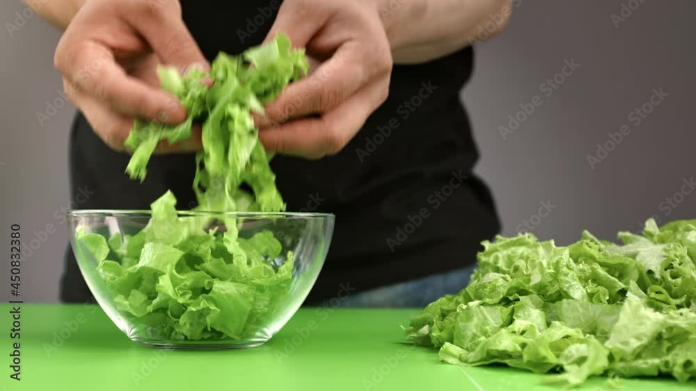 Closeup hands of male chef adding lettuce curved leaves in glass bowl cooking fresh dietary salad Closeup hands of male chef adding lettuce curved leaves in glass bowl cooking fresh dietary salad