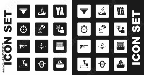 Set Flippers for swimming, Kitesurfing, Stopwatch, Swimming trunks, Assessment of judges, Surfboard, Water polo and Fishing harpoon icon. Vector