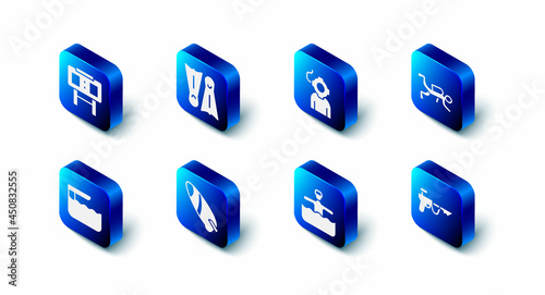 Set Flippers for swimming, Aqualung, Scuba diver, Fishing harpoon, Water gymnastics, Surfboard, Diving springboard and Sport mechanical scoreboard icon. Vector