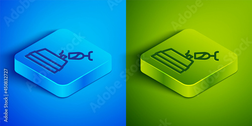 Isometric line Wine tasting, degustation icon isolated on blue and green background. Wooden barrel for wine with glass. Square button. Vector