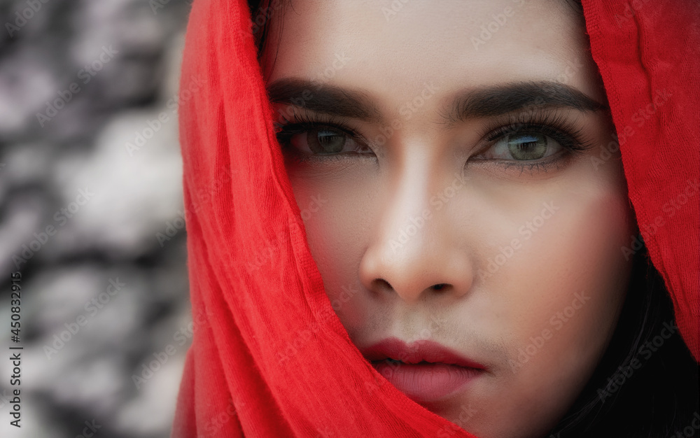 portrait of an asian woman In a saree, the head is covered with a red veil. portrait of an asian woman In a saree, the head is covered with a red veil.