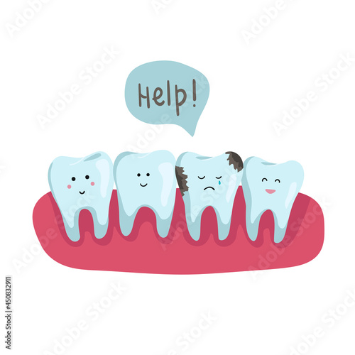 Row of health teeth in the oral cavity, one of which is sick. one bad tooth with caries. healthcare concept, place for text, flat vector illustration