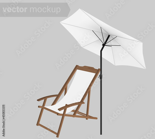 Sun umbrella with deck chair mockup. Summer vacation concept top view. Seashore pool hotel rest chair , sun protecting parasol.