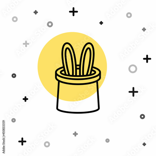Black line Magician hat and rabbit ears icon isolated on white background. Magic trick. Mystery entertainment concept. Random dynamic shapes. Vector