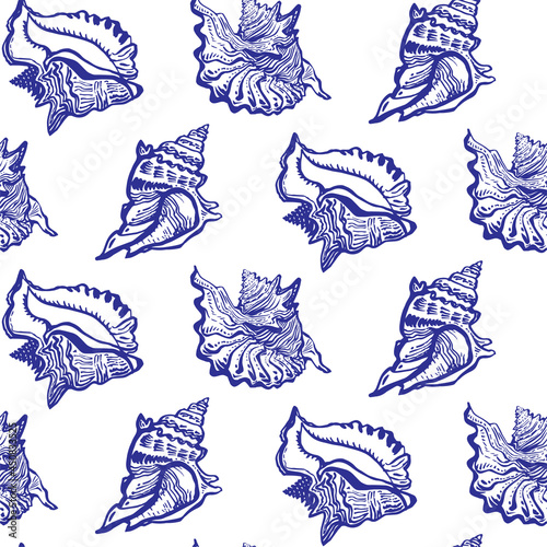 Ocean seashell in live ink line style drawn by hand seamless pattern. Marine seamless pattern for clothes fabric, bedding, textile, package, wallpaper. 