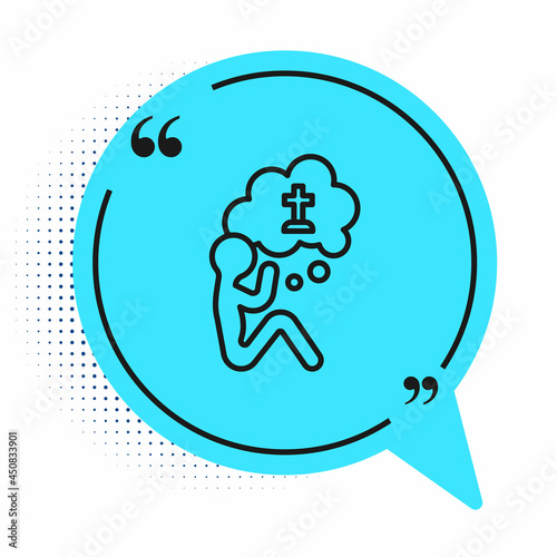 Black line Man graves funeral sorrow icon isolated on white background. The emotion of grief, sadness, sorrow, death. Blue speech bubble symbol. Vector