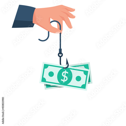 Dollars on hook. Dollar bait. Money trap concept. Vector illustration flat design. Isolated on background. Financial bait. Greed concept.