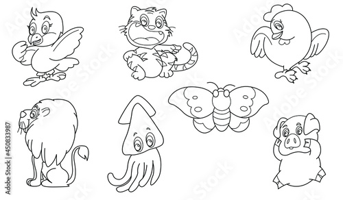Cute design animal outline vector set 25 (bird , tiger , chicken , lion , squid , butterfly , pig)