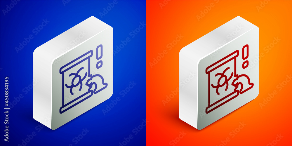 Isometric line Radioactive waste in barrel icon isolated on blue and orange background. Barrel with radioactive and toxic substance is spilled. Silver square button. Vector Isometric line Radioactive waste in barrel icon isolated on blue and orange background. Barrel with radioactive and toxic substance is spilled. Silver square button. Vector