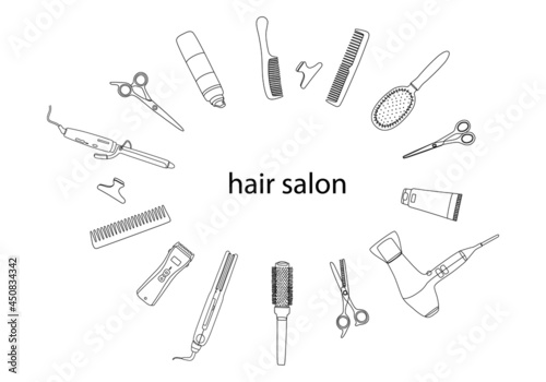 A frame of hairdressing tools with a copy space in the center. Template logo for a hair salon from accessories,hair dryer, comb, scissors. Outline, sketch in a modern style, vector